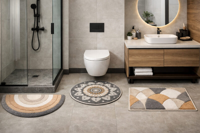 Moderno uređeno kupatilo sa dekorativnim upijajućim prostirkama ispred tuš kabine, WC šolje i lavaboa