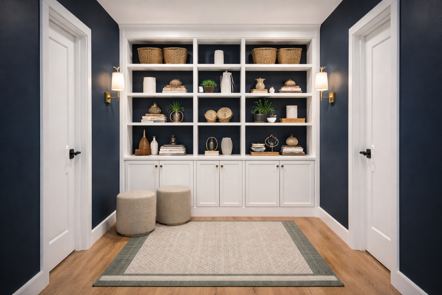 Uzak hodnik sa tamnoplavim zidovima i belim ugradnim policama sa dekoracijom