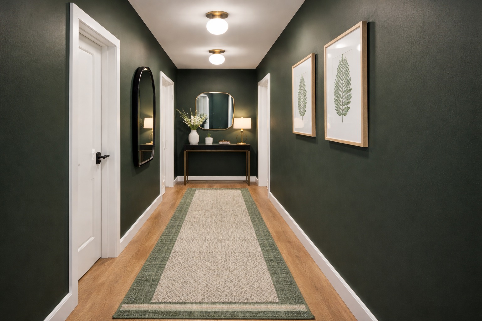 Uzak hodnik sa tamnozelenim zidovima i svetlom stazom na drvenom podu