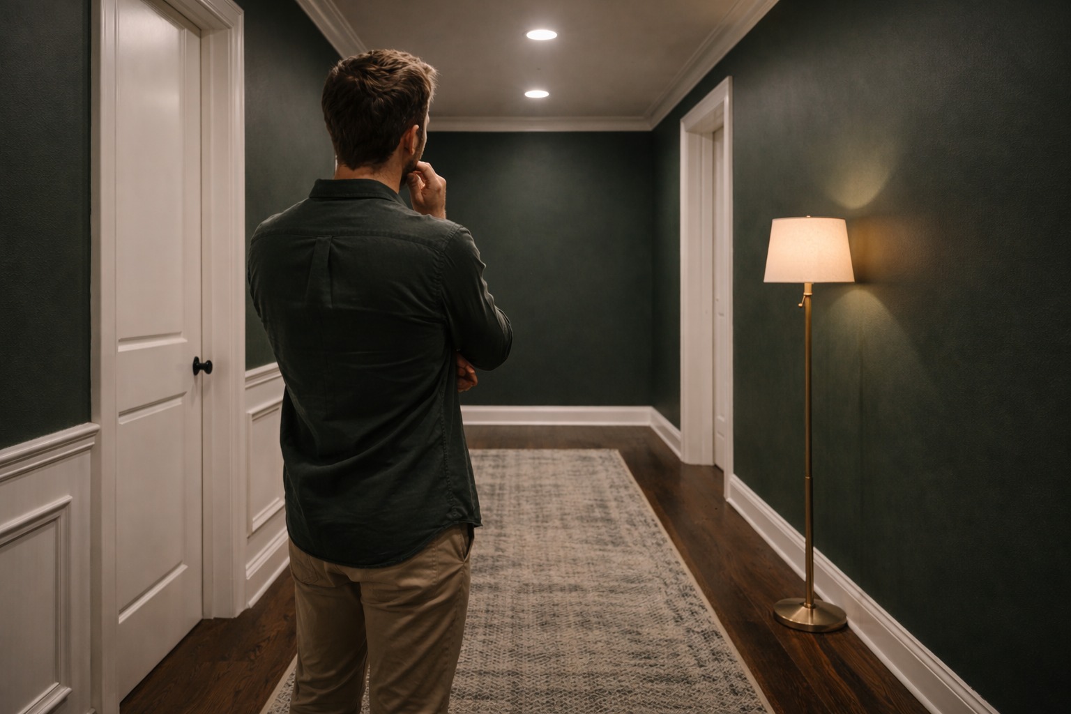 Uzak hodnik sa tamnozelenim zidovima i podnom lampom uz svetla vrata