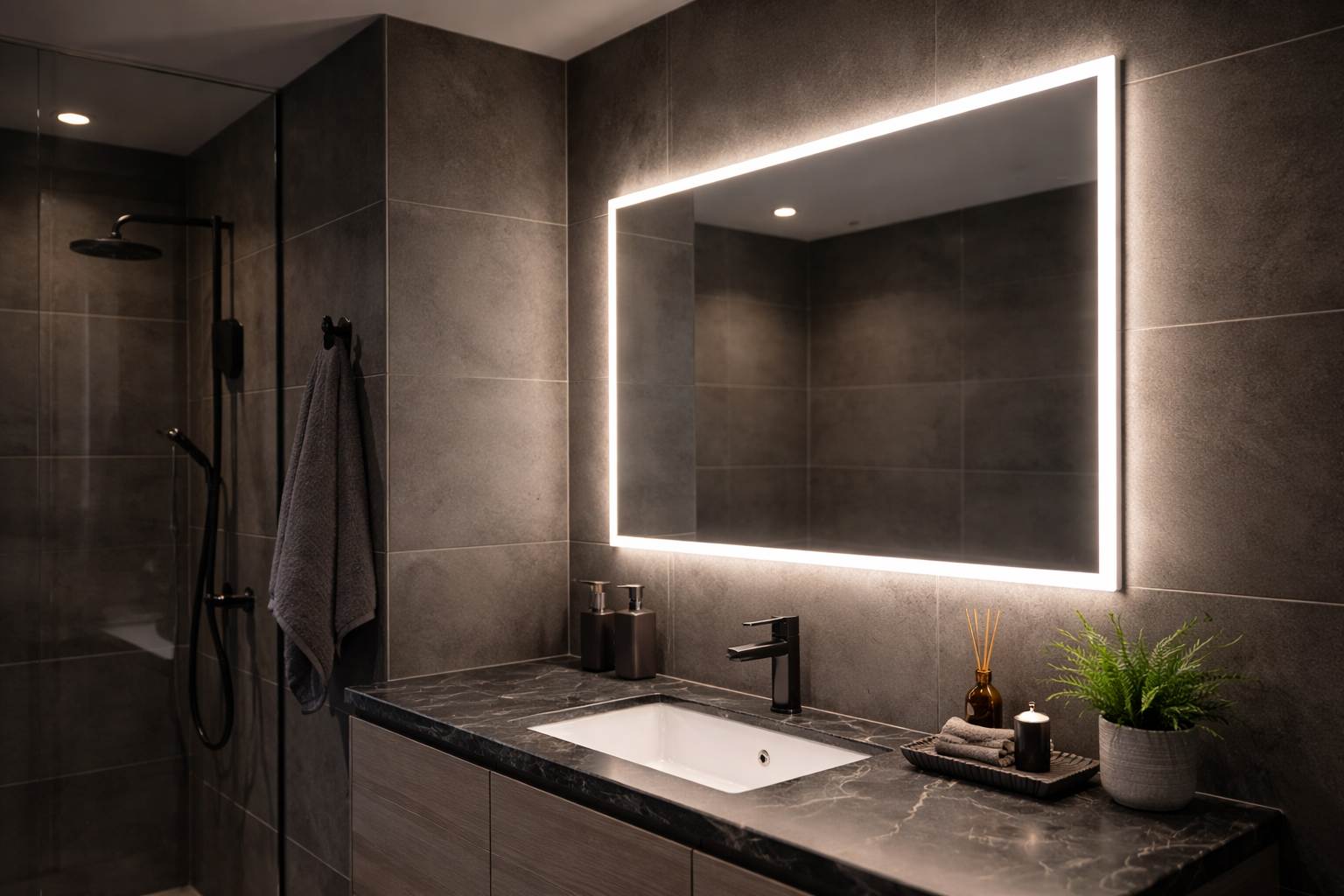 Cetvrtasto led ogledalo u modernom kupatilu tamnijih tonova