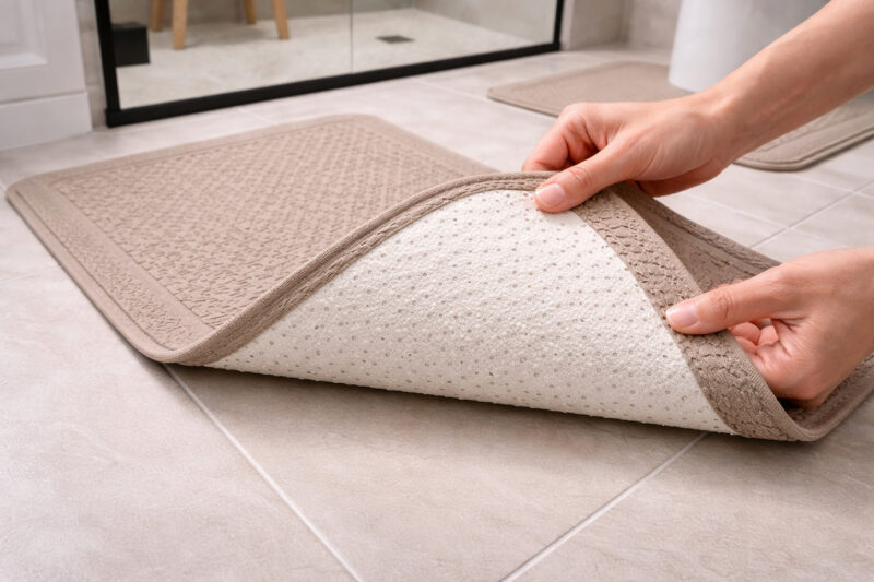 Osoba rukom podiže tekstilnu prostirku u kupatilu i pokazuje protivkliznu gumenu podlogu na donjoj strani